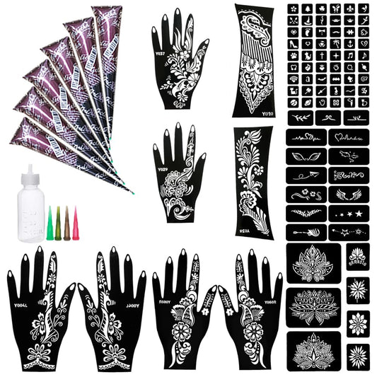 11 Sheet Total 84 Tattoo Stencils Sticker Pattern, 6 Pcs Natrual Brown Temporary Tattoo Kit, 1 Bottles, 4 Nozzles